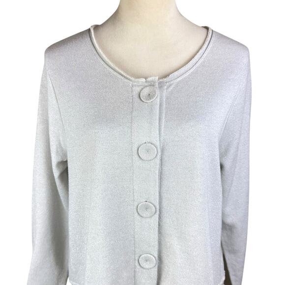 Habitat Light Gray Terry Silver Sparkle Button Raw Edge Cardigan Sweater Top - Picture 7 of 12